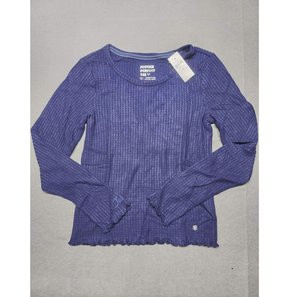 Justice Girls Purple Perfect Tee Waffle Knit Long Sleeve Top Size 14